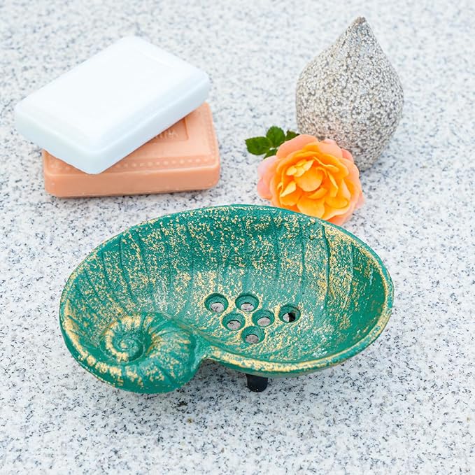 Sungmor Heavy Duty Cast Iron Soap Holder, Vintage Bar Soap Dish for Kitchen Bathroom Sink, Lovely Seashell Shape & Antique Green Sponge Dish Soap Tray, Decorative Jewelry Holder Tabletop Container