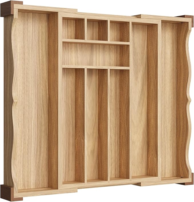 Orimade Oak Expandable Silverware Drawer Organizer, Adjustable Kitchen Utensil Holder & Cutlery Tray Drawer Dividers for Flatware (10 Slot), Large