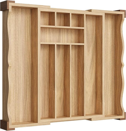Orimade Oak Expandable Silverware Drawer Organizer, Adjustable Kitchen Utensil Holder & Cutlery Tray Drawer Dividers for Flatware (10 Slot), Large