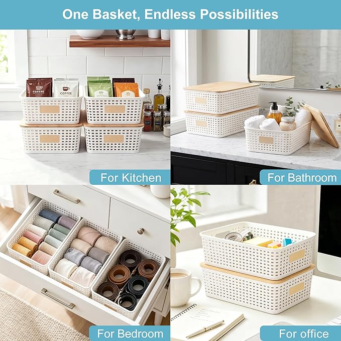 Bagnizer 4 Pack Plastic Storage Bins with Bamboo Lids, 6.2qt Stackable Storage Organizer Box with Lable for Pantry Shelves Drawers Desktop Office, 12"L x 8.3"W x 3.5"H, Cream White
