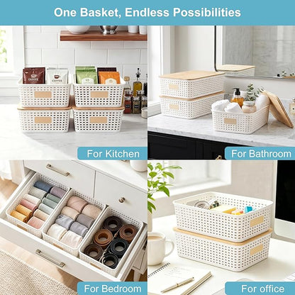 Bagnizer 4 Pack Plastic Storage Bins with Bamboo Lids, 6.2qt Stackable Storage Organizer Box with Lable for Pantry Shelves Drawers Desktop Office, 12"L x 8.3"W x 3.5"H, Cream White