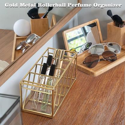 ELLDOO Rollerball Perfume Organizer, 4 Compartment Clear Glass Perfume Storage Holder Vintage Beauty Scent Holder, Metal Makeup Lipgloss Lipstick Display Case