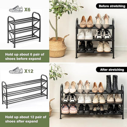 3-Tier Shoe Rack for Closet, 16"-32" Expandable ShoeRackAdjustable for Entryway Closet Doorway SturdyMetal, Black