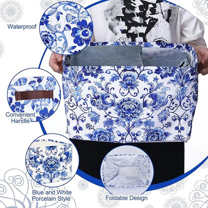 Geelin 3 Pack Blue and White Chinoiserie Storage Baskets, Large Foldable Decorative Storage Bins with Handles, Blue Floral Canvas Organizer Boxes for Closet Shelf Nursery Bedroom Home Organization