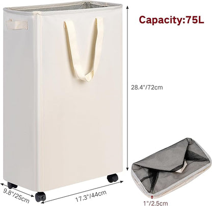 Slim Laundry Hamper with Wheels, Rolling Laundry Basket for Clothes, Small Laundry Basket for Bedroom, Dorm and Laundry Room, 75L (19.8 Gallons) Beige