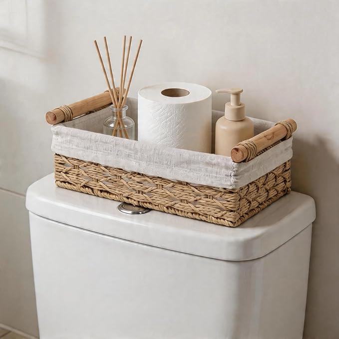 Wicker Bathroom Baskets Set of 2 with Linen Liner & Wooden Handles – Paper Rope Storage Baskets for Shelves, Bathroom Counter, Vanity & Farmhouse Décor