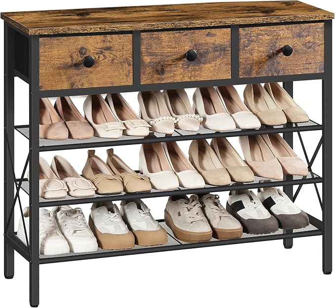 YATINEY 4-Tier Shoe Rack with 3 Drawers, Metal Shoe Organizer for 15 Pairs with Storage Shelves and Wooden Top, for Entryway, Hallway, Foyer, Closet, Rustic Brown and Black SS34BR
