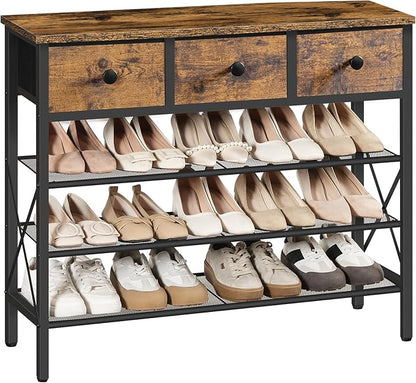 YATINEY 4-Tier Shoe Rack with 3 Drawers, Metal Shoe Organizer for 15 Pairs with Storage Shelves and Wooden Top, for Entryway, Hallway, Foyer, Closet, Rustic Brown and Black SS34BR