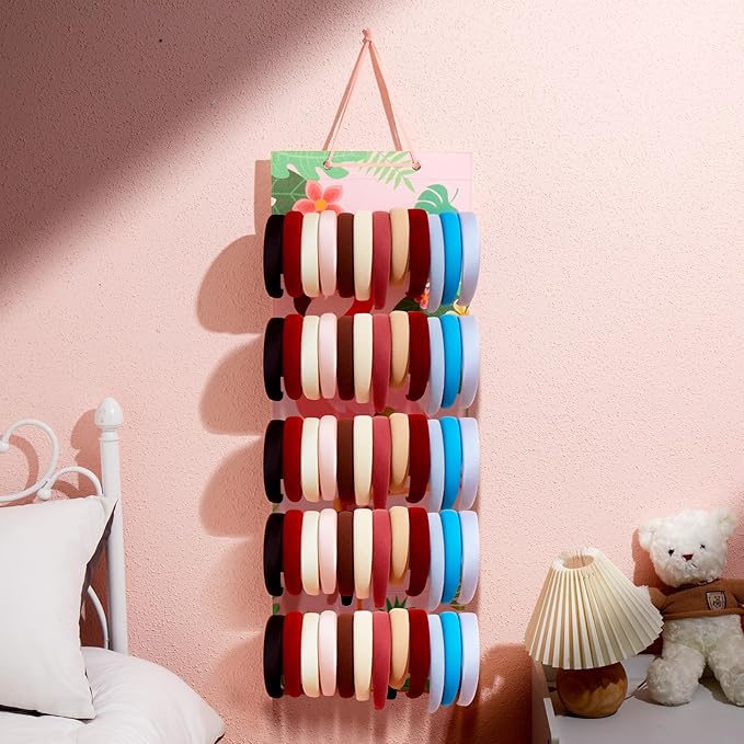 Tudomro Hanging Headband Holder for Girls Felt Hair Accessories Organizer with 60 Elastic Bands Bow Hanger for Girls Hair Bows Without Headbands(Fresh Color,Flamingo)
