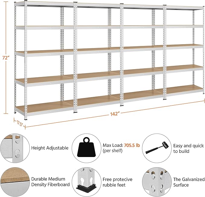 Topeakmart 4PCS 5-Tier Utility Shelves, Metal Storage Shelves Garage Shelving Unit Adjustable Garage Storage Shelves Storage Racks Heavy Duty Shed Shelving- Silver, 35.5 x 17.5 x 72 Inch