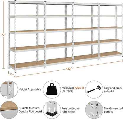 Topeakmart 4PCS 5-Tier Utility Shelves, Metal Storage Shelves Garage Shelving Unit Adjustable Garage Storage Shelves Storage Racks Heavy Duty Shed Shelving- Silver, 35.5 x 17.5 x 72 Inch