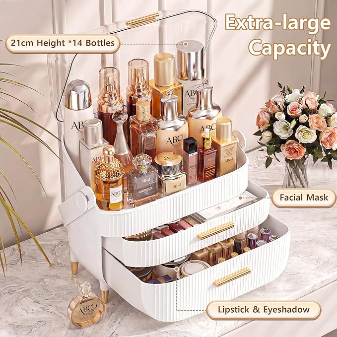 NestOrganix Makeup Organizer Skincare Organizers - Cosmetic Display Cases with Transparent Cover, SkinCare Organizers for Bathroom Countertop, Bedroom Vanity Desk, Lipstick Organizer, White