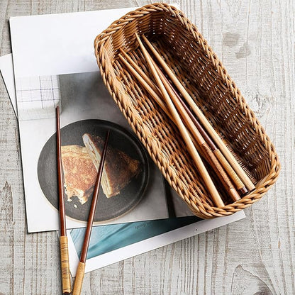 Chopsticks Fork Storage Tray Woven Cutlery Basket, Handwoven Imitation Rattan Silverware Tray for Countertops Cabinets Spoons, 26cmx12cmx6cm