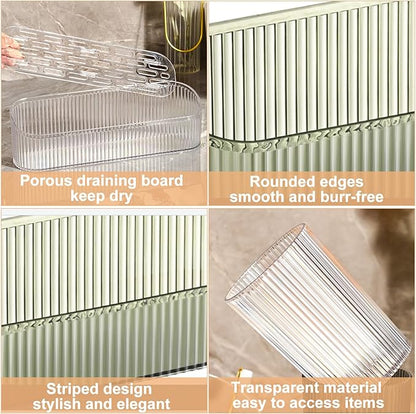 DASITON Makeup Brush Holder Organizer with 4 Cup, Vintage Striped Make Up Brush Holder for Vanity, Bathroom Toothbrush Holders, Acrylic Cosmetic Brushes Storage Organizer Pen Holder (Green+Multicolor)