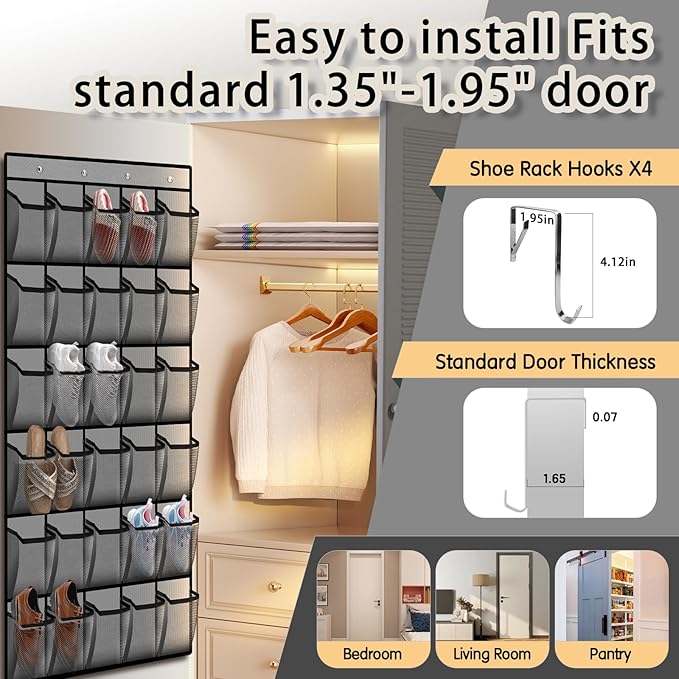 Kotkn Over the Door Shoe Organizer with 30 Breathable Mesh Pockets - Large Capacity Closet Storage for Men & Women, Hanging Shoe Rack Organizer (Gray)