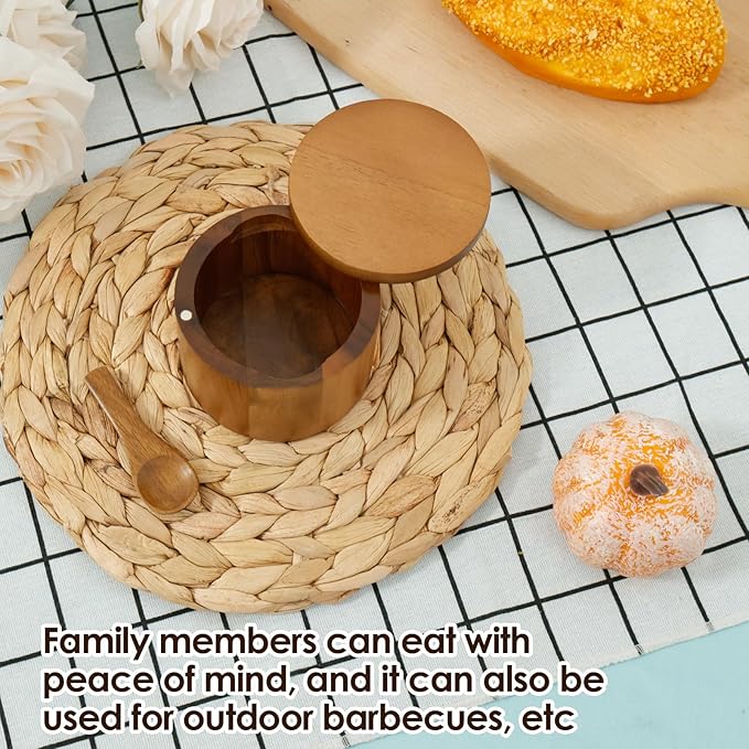 UKQRRTC Acacia Wood Salt Bowl with Built in Spoon and Magnetic Swivel Lid Round Salt Cellar Kitchen Salt Holder for Storing Salt Pepper Sugar Spice (Style 1)