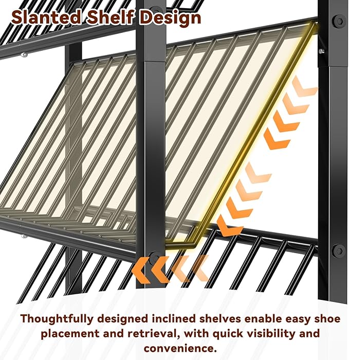 Narrow Shoe Rack, 4 Tier Slanted Metal Shoe Organizer for Small Space, Bench Shoe Storage Shelf for Entryway, Closet, Rustic Brown