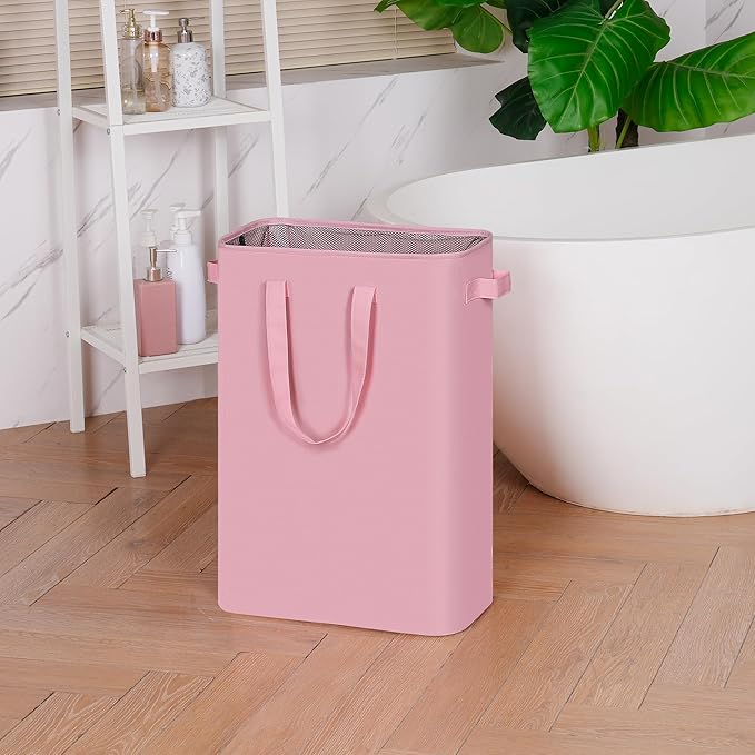 efluky Slim Laundry Basket, Narrow Laundry Hamper with Handles, Collapsible Dirty Clothes Hamper, Tall Laundry Bin for Laundry Room, Dorm and Bedroom, 19.8 Gallon (75L) Pink