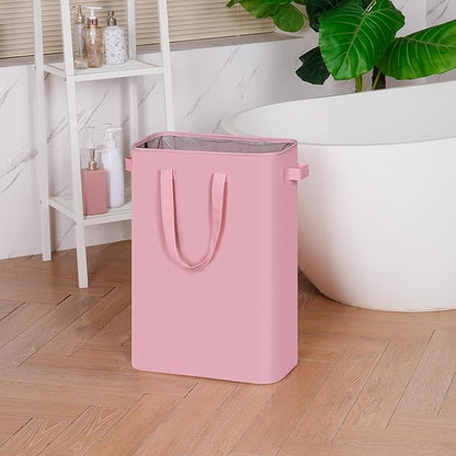 efluky Slim Laundry Basket, Narrow Laundry Hamper with Handles, Collapsible Dirty Clothes Hamper, Tall Laundry Bin for Laundry Room, Dorm and Bedroom, 12.7 Gallons(48L) Pink