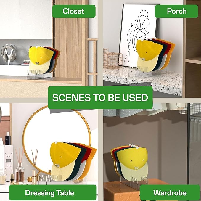 Hat Organizer for Baseball Caps, No Install Acrylic Hat Rack & Holder, 2-Pack Clear Storage Stand Holds 14 Hats for Closet, Bedroom Display