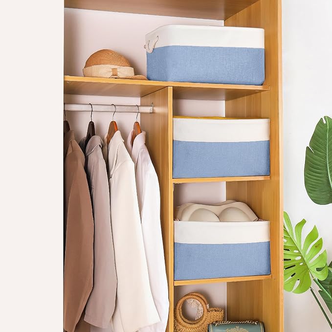 Storage Bins with Sturdy Cotton Handles(1 Pack), Fabric Storage Baskets for Organizing use for Office & Home, Book, Clothes, Toys, Closet Boxes (Small, Blue-White, 12.2x8.3x6.3 inches)