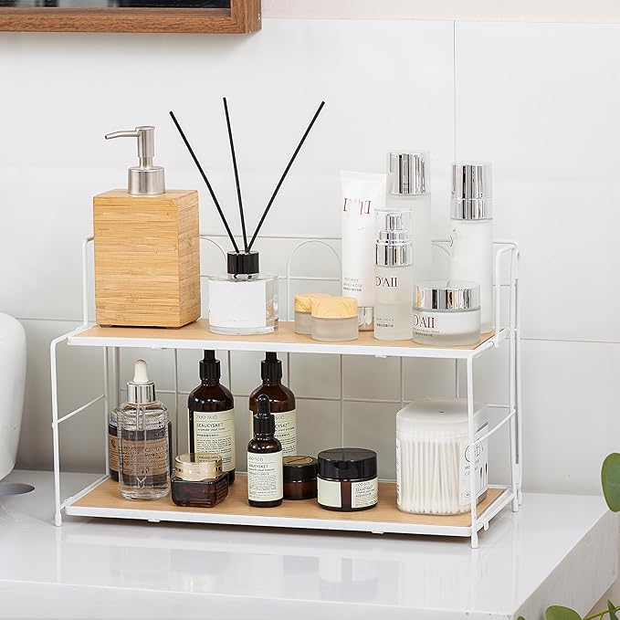 Edergoo Bathroom Counter Organizer 10s Tool-Free Install, 2 Tier Bathroom Organizers and Storage, Collapsible Bathroom Organizer Countertop, Wood Bathroom Kitchen Countertop Organizer, White
