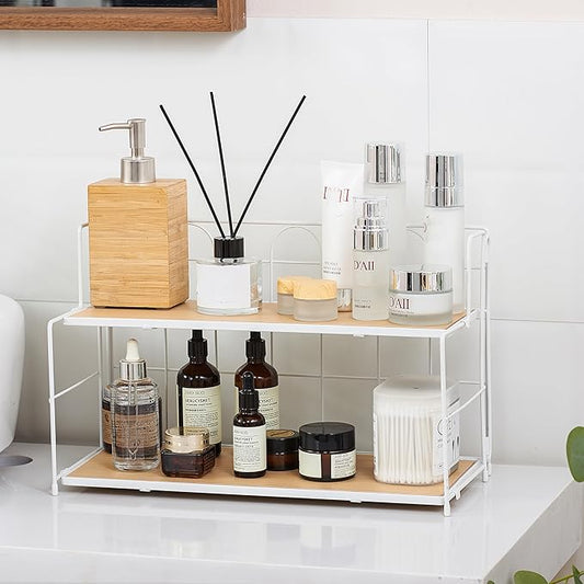 Edergoo Bathroom Counter Organizer 10s Tool-Free Install, 2 Tier Bathroom Organizers and Storage, Collapsible Bathroom Organizer Countertop, Wood Bathroom Kitchen Countertop Organizer, White