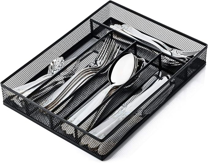 Sedegn Silverware Organizer Metal Mesh, Small Drawer Organizer, Utensil Cutlery Tray for kitchen drawers, Flatware Organizer with 5 Compartment, Black(9.3"*12.6")