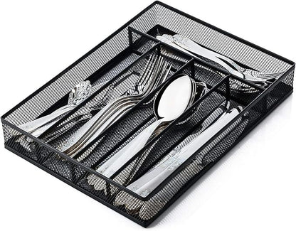 Sedegn Silverware Organizer Metal Mesh, Small Drawer Organizer, Utensil Cutlery Tray for kitchen drawers, Flatware Organizer with 5 Compartment, Black(9.3"*12.6")