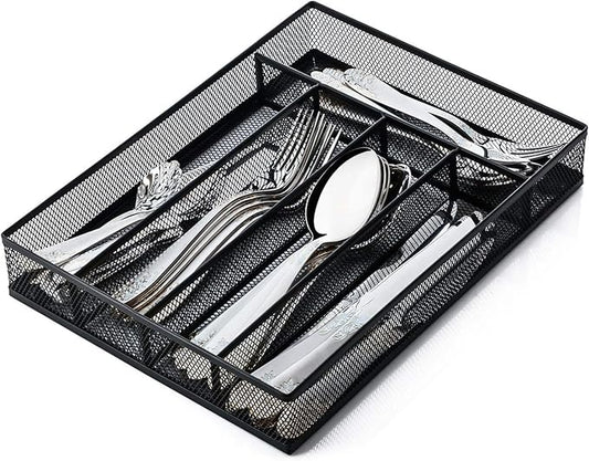 Sedegn Silverware Organizer Metal Mesh, Small Drawer Organizer, Utensil Cutlery Tray for kitchen drawers, Flatware Organizer with 5 Compartment, Black(9.3"*12.6")