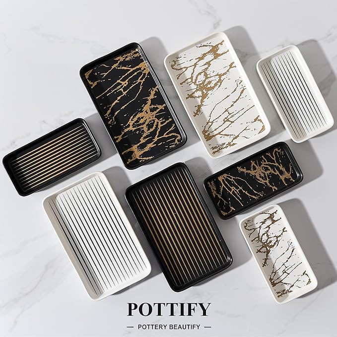Bathroom Vanity Tray for Countertop,2PC Rectangle Striped Tray,Decorative Bathroom Organizer for Scrubber, Lotion Bottles, Perfume, Jewelry, Candle, Key Trinket Ring(Small,White)