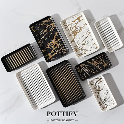 Bathroom Vanity Tray for Countertop,2PC Rectangle Striped Tray,Decorative Bathroom Organizer for Scrubber, Lotion Bottles, Perfume, Jewelry, Candle, Key Trinket Ring(Small,White)