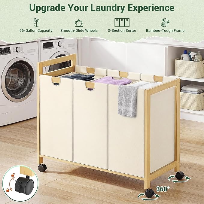 Homykic 250L Laundry Sorter Cart with Wheels, 3-Section Rolling Laundry Basket with Removable Bags, 66 Gal Large Laundry Hamper Organizer, Heavy Duty Bamboo Frame, Water-Resistant, Black