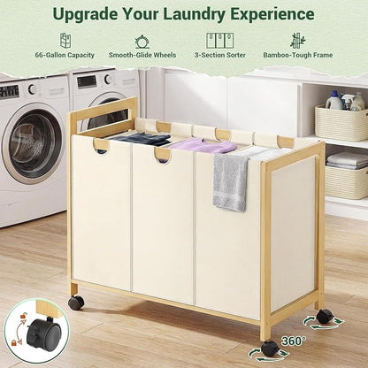 Homykic 250L Laundry Sorter Cart with Wheels, 3-Section Rolling Laundry Basket with Removable Bags, 66 Gal Large Laundry Hamper Organizer, Heavy Duty Bamboo Frame, Water-Resistant, Black