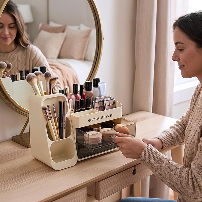 Makeup Organizer with Drawers, Large Capacity Cosmetic & Skincare Storage Box, Countertop Vanity Organizer for Bathroom, Bedroom & Dresser, ABS Plastic Makeup Storage Organizer, Ivory