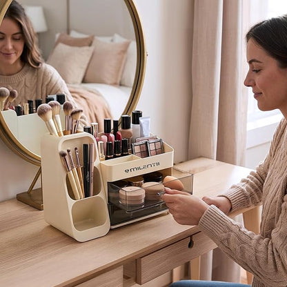 Makeup Organizer with Drawers, Large Capacity Cosmetic & Skincare Storage Box, Countertop Vanity Organizer for Bathroom, Bedroom & Dresser, ABS Plastic Makeup Storage Organizer, Ivory