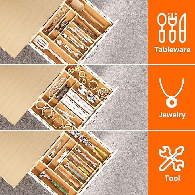 Expandable and Adjustable Bamboo Drawer Organizer Tray - Cutlery & Flatware Organizers for Kitchen Utensils, Silverware Organizer with Dividers, 6-8 Slots with Curved Grooves (Natural)