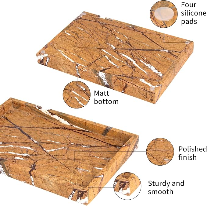 Marble Bathroom Vanity Tray, Natural Luxury Vanity Home Kitchen Bathroom Table Tray, Stone Decorative Countertop Dresser Trays for Key Coffee Perfume Jewelry Makeup (Rainforest Brown, 12"x 8" x1.2")