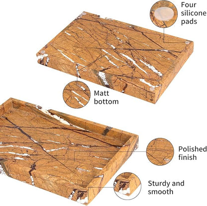 Marble Bathroom Vanity Tray, Natural Luxury Vanity Home Kitchen Bathroom Table Tray, Stone Decorative Countertop Dresser Trays for Key Coffee Perfume Jewelry Makeup (Rainforest Brown, 12"x 8" x1.2")