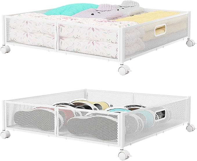 PHINOX Under Bed Storage Containers with Wheels - Shoe Storage Organizer Drawer, Tool-free Assembly Metal Underbed Storage Containers for Bedroom Clothes, Shoes, Blankets - 2Pack