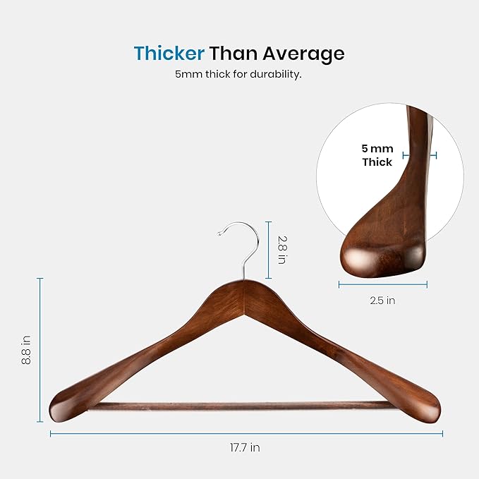 ZOBER 6 Pack High-Grade Wooden Suit Hangers for Men, Extra Wide Shoulder Hangers with Non Slip Pants Bar, Smooth Finish, 360 Swivel Hook, Jacket Hanger, Heavy Duty Wide Hanger for Closet