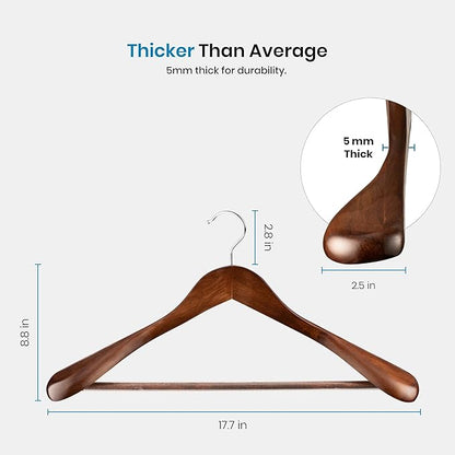 ZOBER 6 Pack High-Grade Wooden Suit Hangers for Men, Extra Wide Shoulder Hangers with Non Slip Pants Bar, Smooth Finish, 360 Swivel Hook, Jacket Hanger, Heavy Duty Wide Hanger for Closet