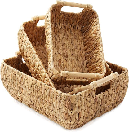 Casafield Set of 3 Water Hyacinth Oval Storage Baskets with Wooden Handles - Small, Medium, Large - Woven Nesting Basket Organizers