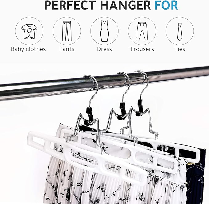 Premium Skirt Hangers 80-Pack - Thin Space-Saving Skirt Hanger Set with Clamp, Pant Hanger, Shorts Hangers with Heavy-Duty Locking Clasp, Multipurpose Quality Jean Hangers Set (White, 80)