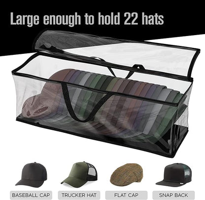 Houseables Baseball Cap Storage Bag, Hat Organizer Case, Cap Holder, Clear Plastic Tote, Black Handles, Moisture & Dust Proof, w/Zipper Closure, Holds up to 22 Hats, Dirt Protection, 23" x 6" x 8"