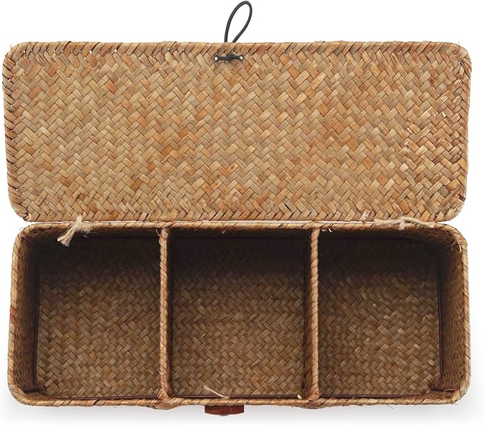 Seagrass Toilet Tank Basket with Lid Bathroom Toilet Paper Storage Baskets with 3 Sections for Organizing (16.5 x 5.5 x 5.5 inch)