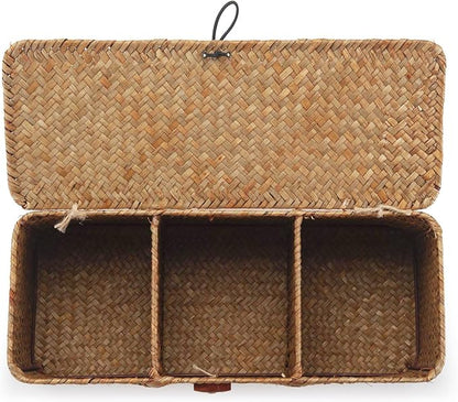 Seagrass Toilet Tank Basket with Lid Bathroom Toilet Paper Storage Baskets with 3 Sections for Organizing (16.5 x 5.5 x 5.5 inch)