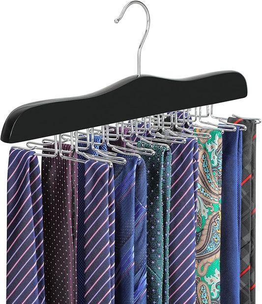 TOPIA HANGER Tie Rack Hanger for Closet, Wooden Tie Organizer for Men with 24 Folding Hooks, Space Saving Necktie Holder for Storage and Display Bra, Tank Top, Camisole (1-Pack), Black- CT14B