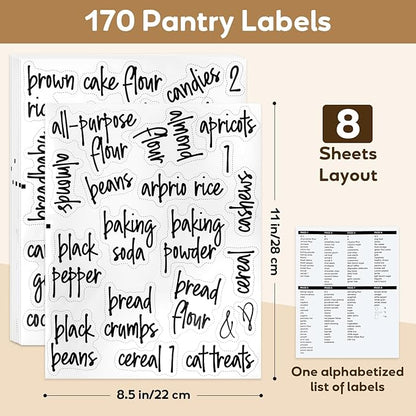 170PCS Food Pantry Labels, Kitchen Container Storage Labels Spice Organize Storage Jars Boxes Bottles Preprinted Black Script Clear Stickers - Water and Oil Resistant