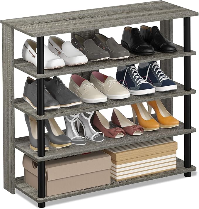 Furinno Turn-N-Tube 5 Tier Wide Shoe Rack, French Oak Grey/Black , 32 Inch